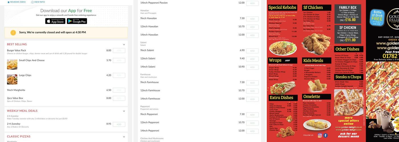 Golden Delight - Desserts, Milkshakes, Pizzas & Kebabs Menu