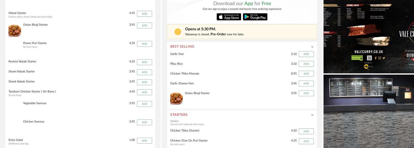 Vale Curry House Menu