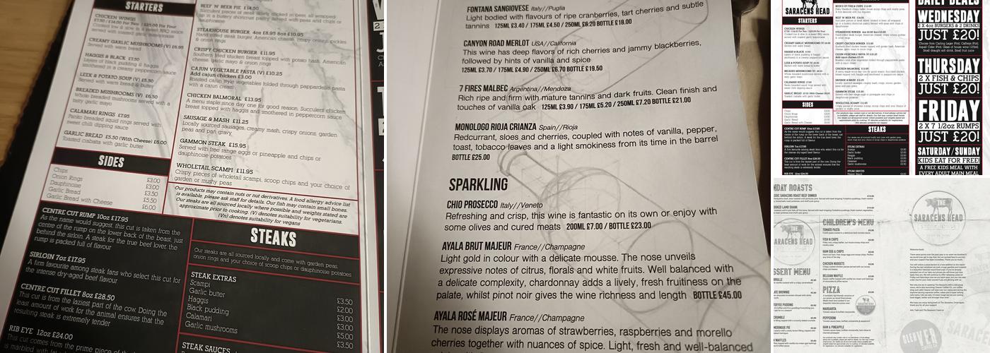The Saracens Head Steak House Menu