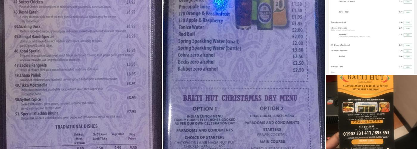 Balti Hut Menu