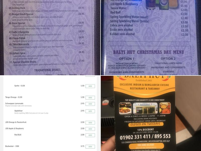 Balti Hut Menu