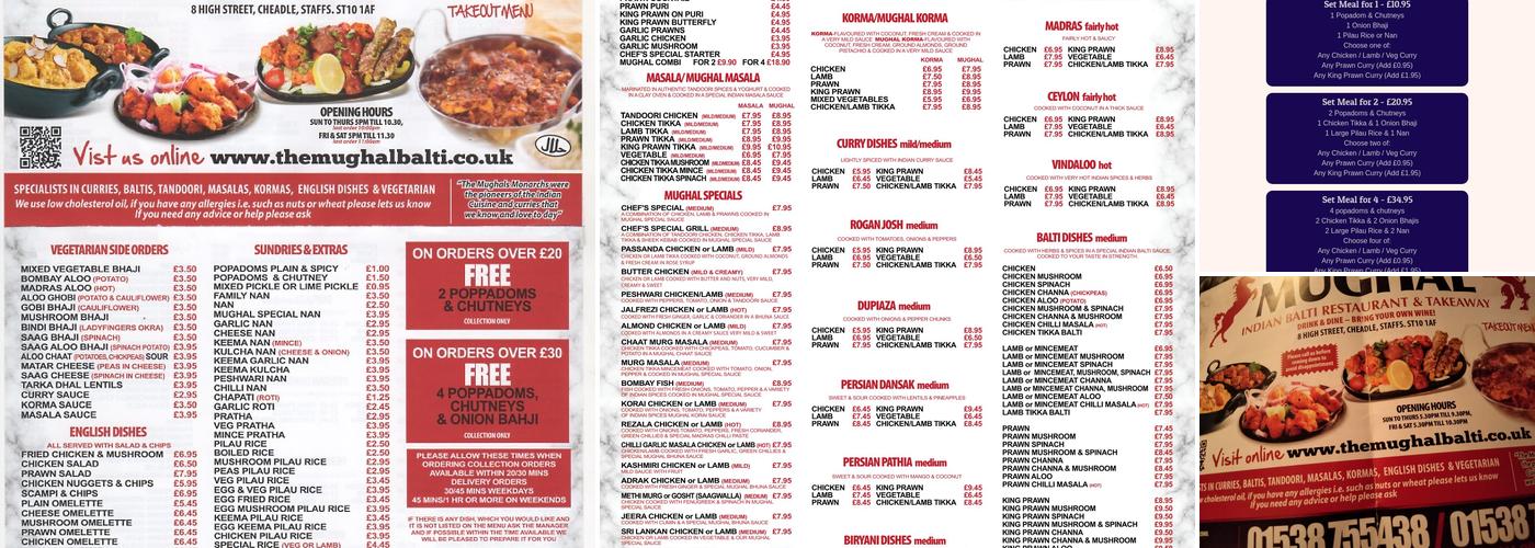 The Mughal Indian Balti Restaurant Menu