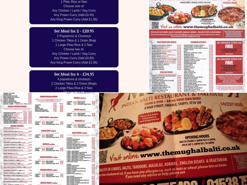 The Mughal Indian Balti Restaurant Menu