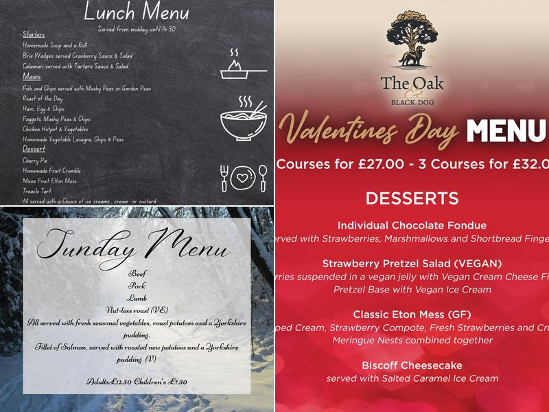 Oak and Black Dog Menu