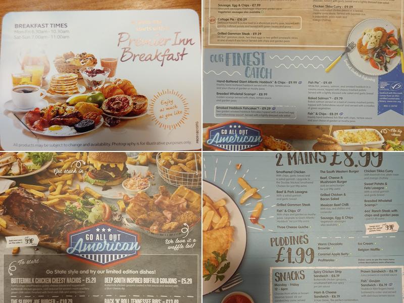 Premier Inn Newcastle (Metro Centre) hotel Menu