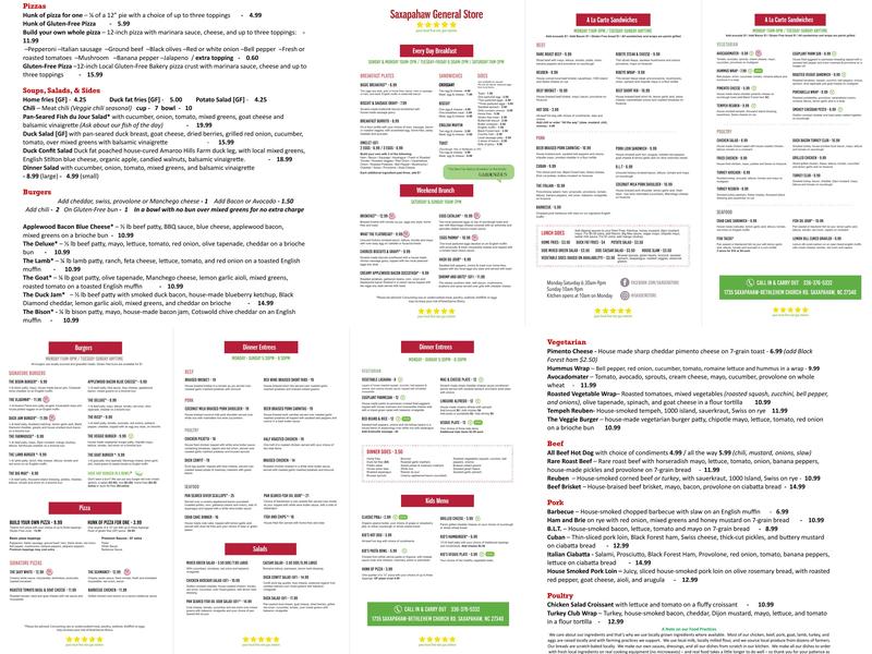 Saxapahaw General Store Menu