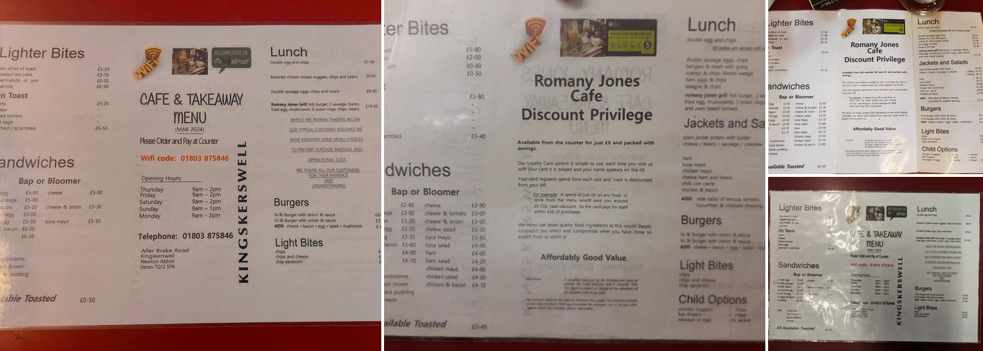 Romany Jones Cafe & Takeaway Menu