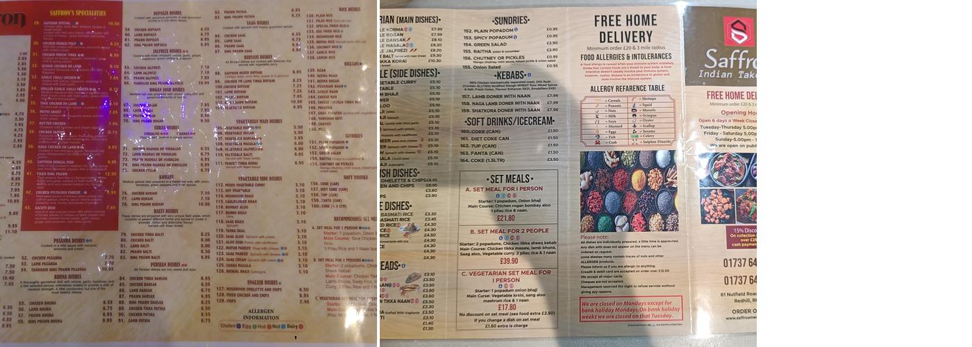 Saffron Indian Takeaway Menu