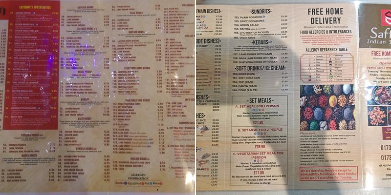 Saffron Indian Takeaway Menu
