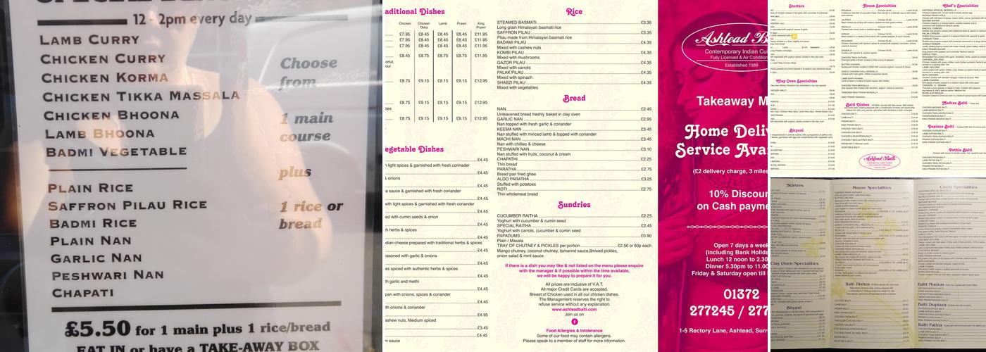 Ashtead balti Menu