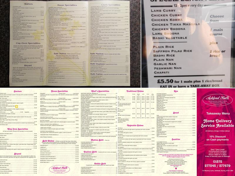 Ashtead balti Menu
