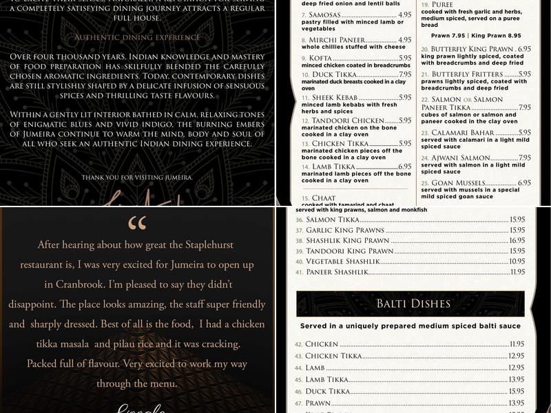 Jumeira Indian Restaurant Menu