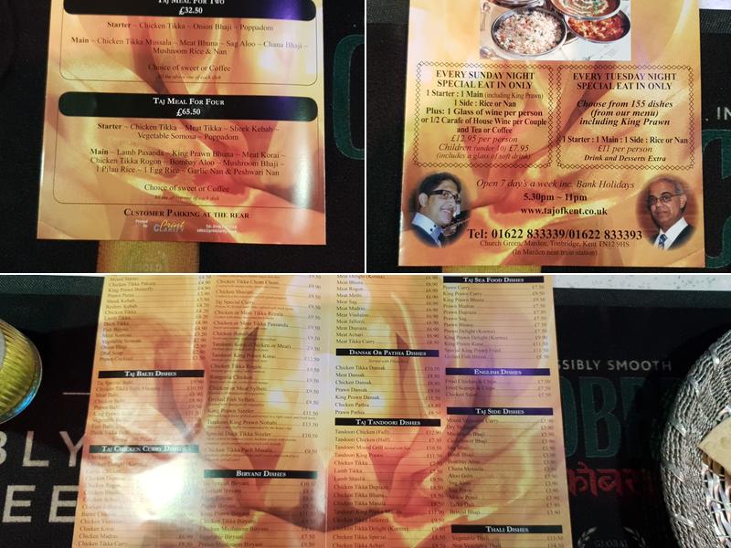 Taj of Kent Menu