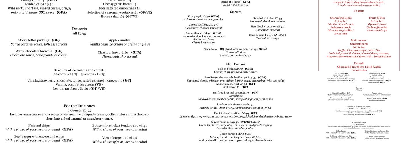 The Two Sawyers Menu