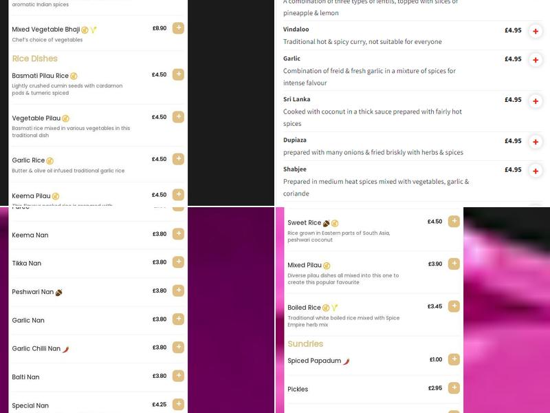 Spice Empire Menu