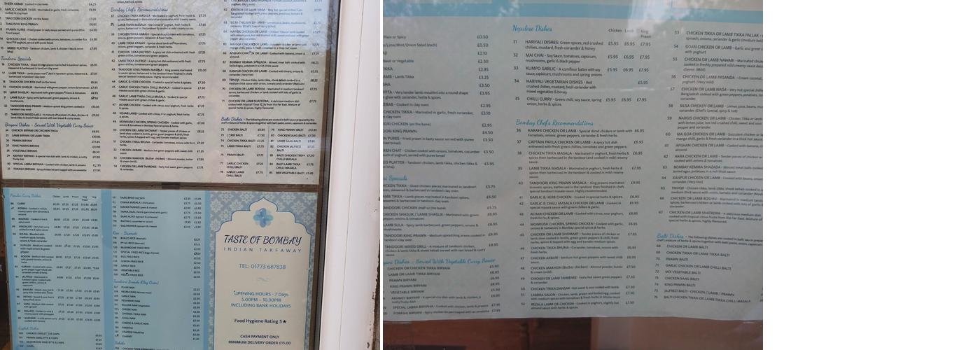 Taste of Bombay ,India Takeway Tibshelf Menu