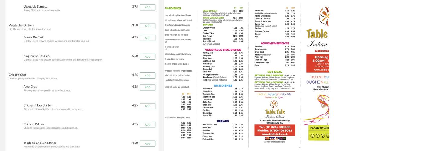 Table Talk Indian Diner Menu