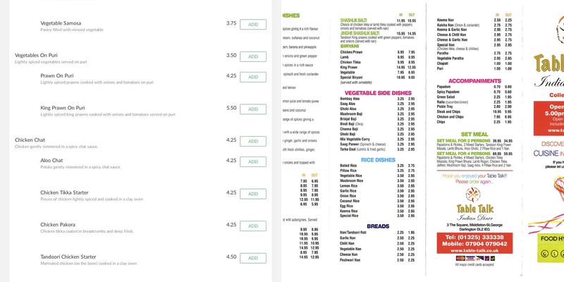 Table Talk Indian Diner Menu