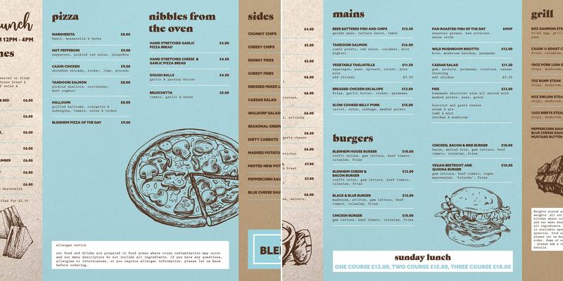 Blenheim House - Etwall - Derby Menu