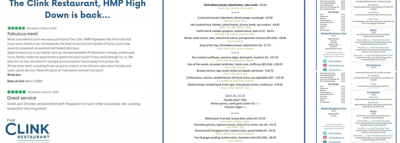 The Clink Restaurant High Down Menu