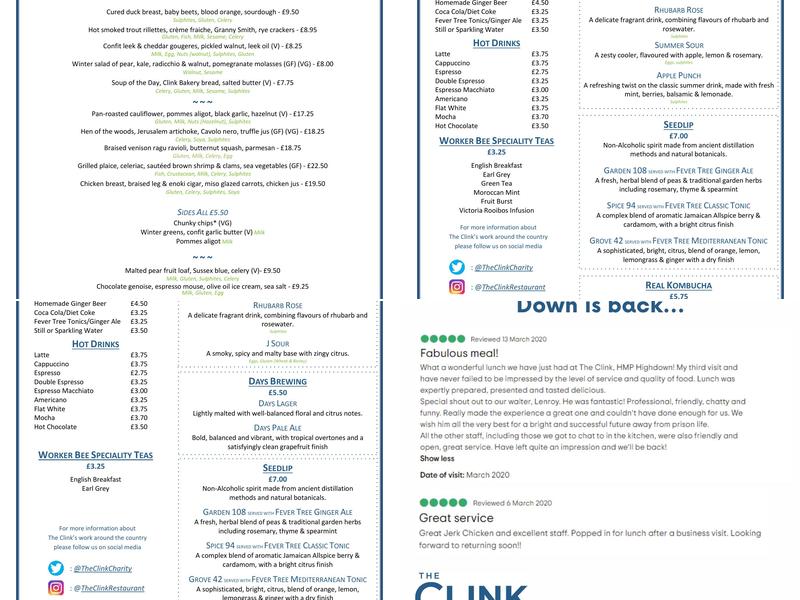 The Clink Restaurant High Down Menu