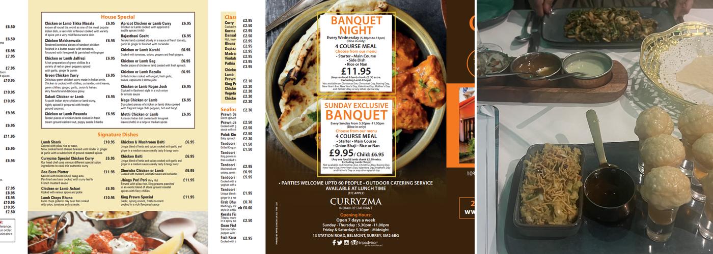 Curryzma Indian restaurant Menu