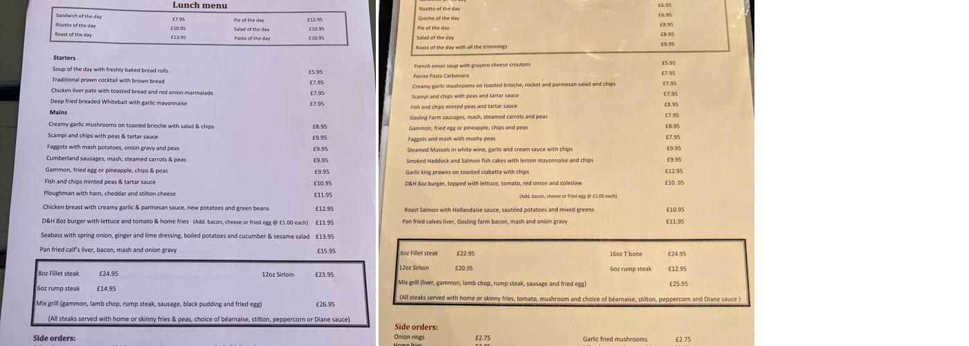 Dog & Hedgehog Inn Menu