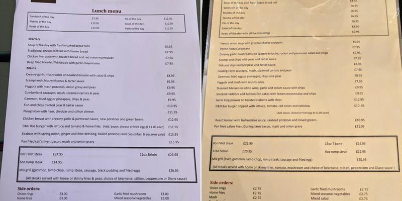 Dog & Hedgehog Inn Menu