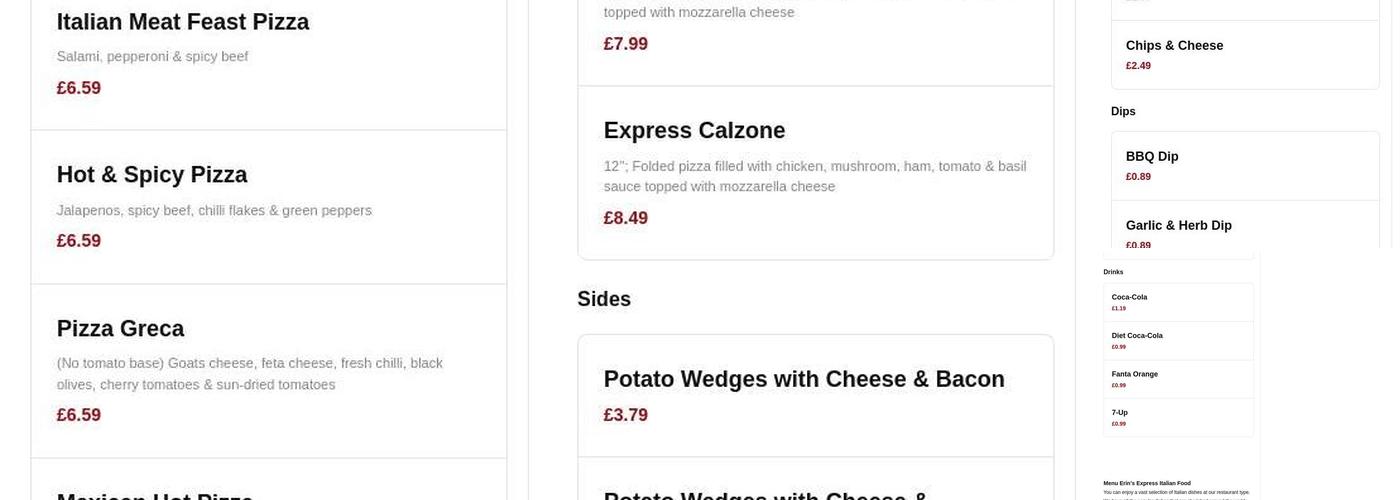 Erin's Italian express Menu