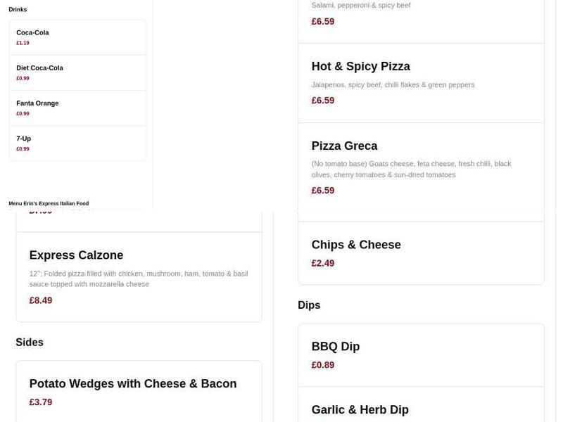 Erin's Italian express Menu