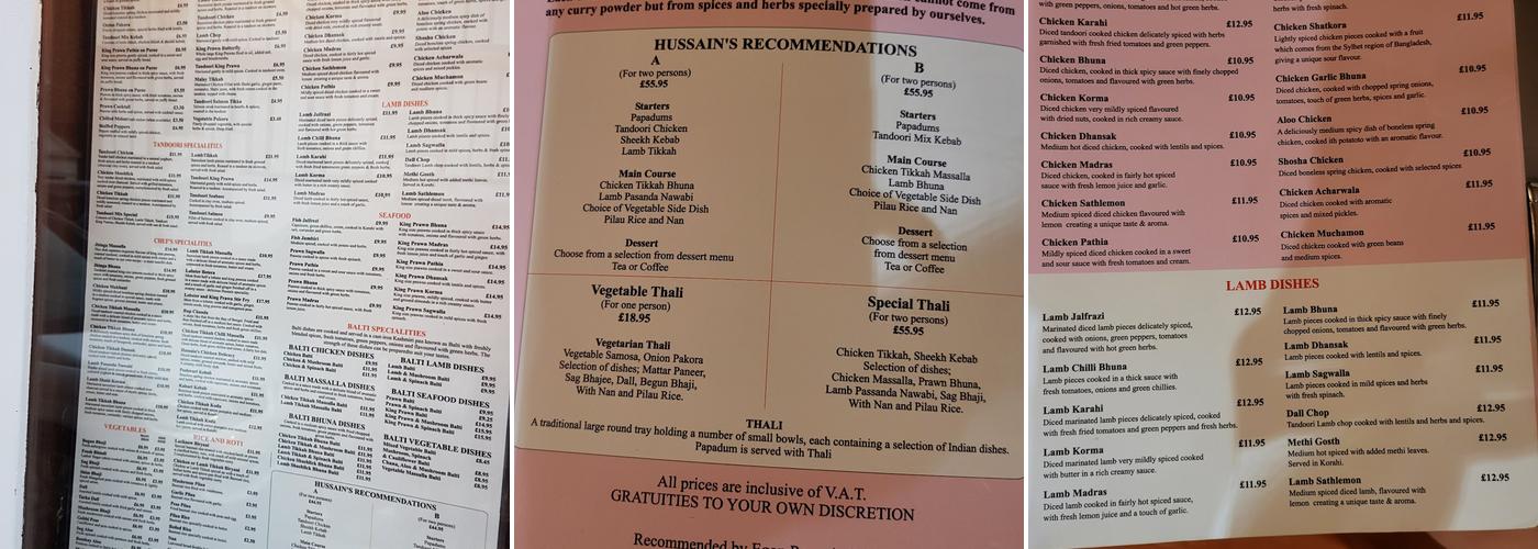 Hussains Indian Cuisine Menu