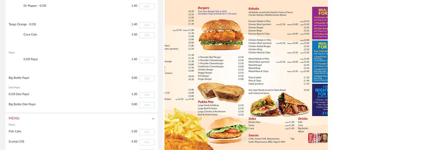 Pinfold chippy Menu