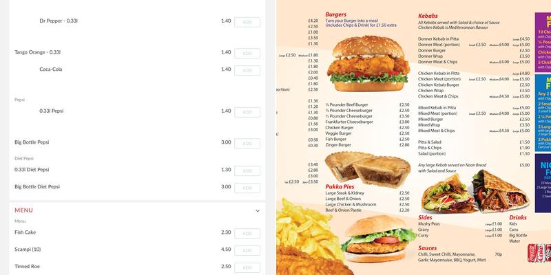 Pinfold chippy Menu