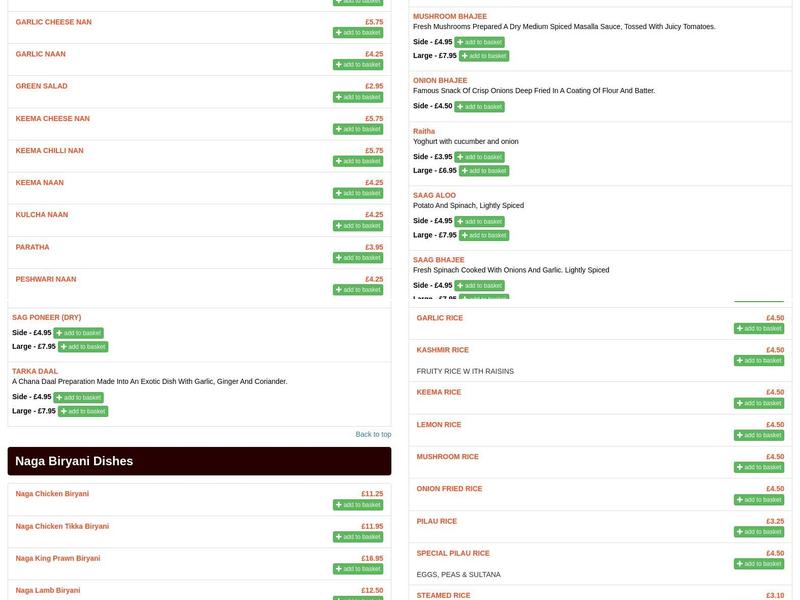 Taza Indian Restaurant Menu
