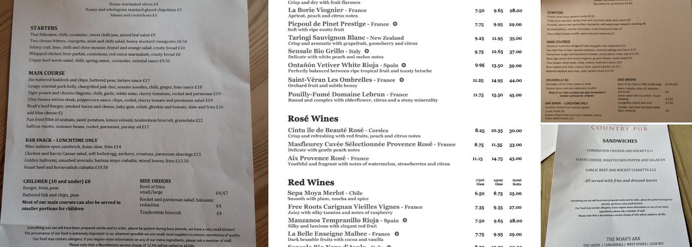 The Noahs Ark Inn Menu