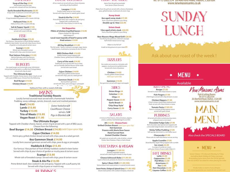 The New Mason Arms Menu