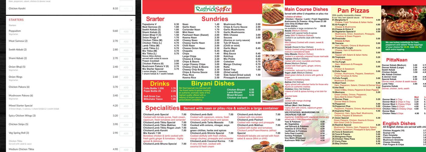 Rastrick Spice Menu