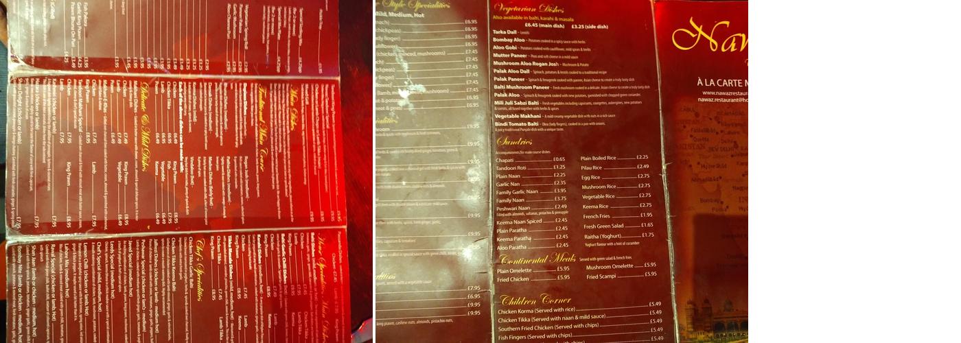 Nawaz Indian Restaurant Leeds Menu