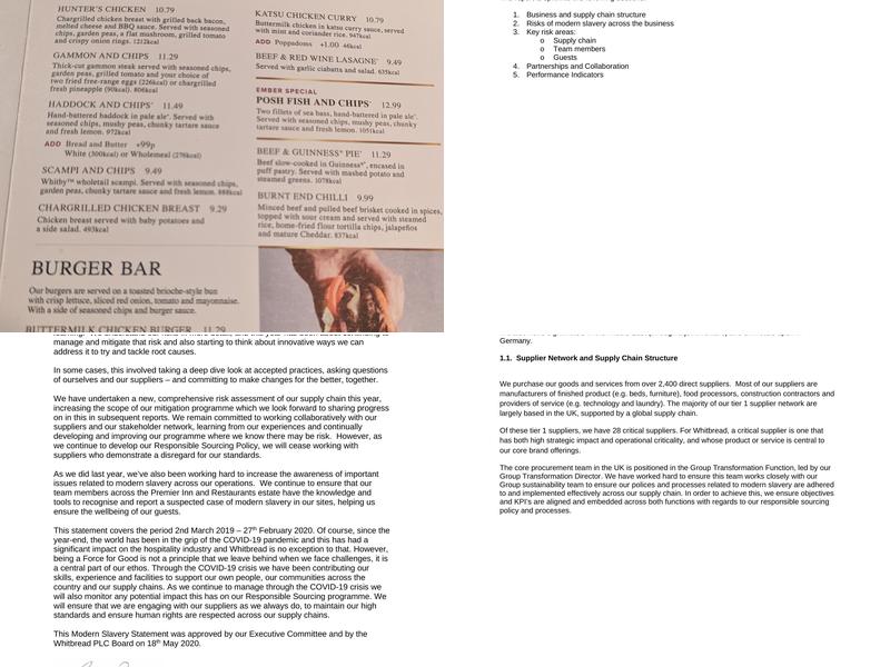 Premier Inn Leeds East hotel Menu