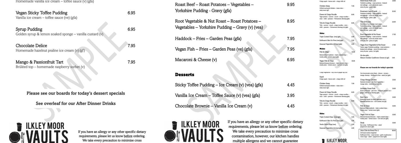 Ilkley Moor Vaults Menu