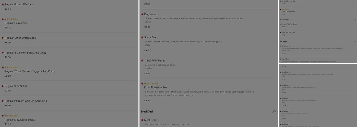 Khan’s balti & pizza bar Menu