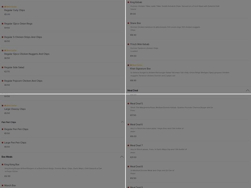 Khan’s balti & pizza bar Menu
