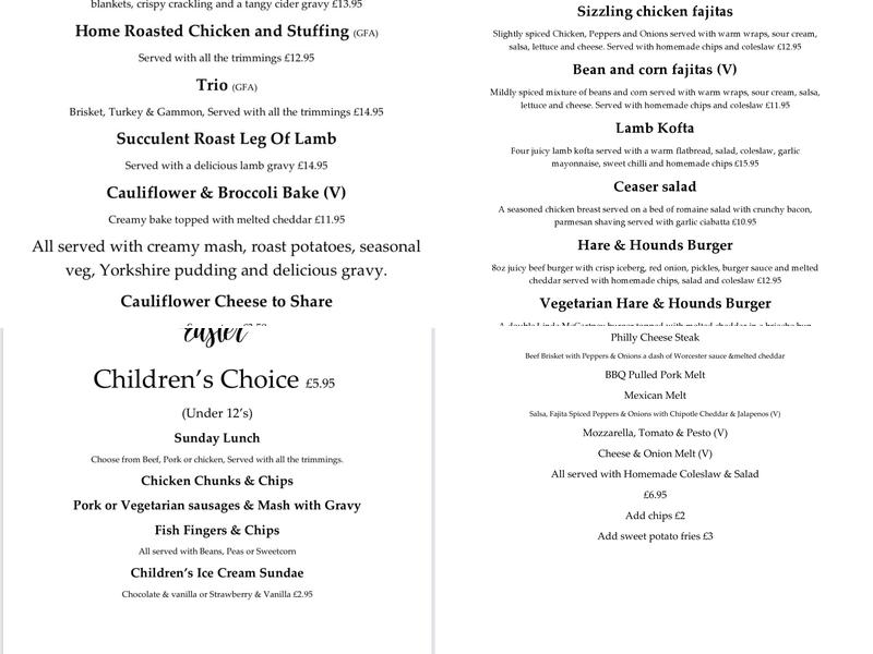The Hare & Hounds Menu