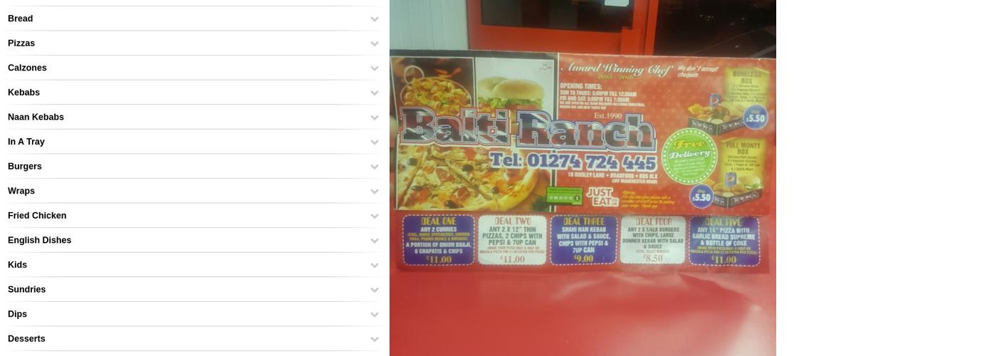 Balti Ranch Menu