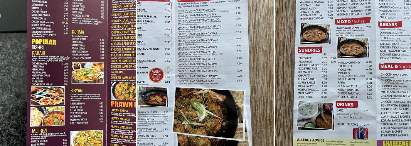 Shaheen Takeaway Menu