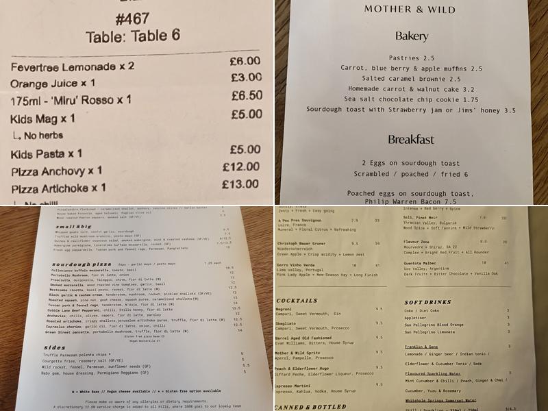 Mother & Wild Menu