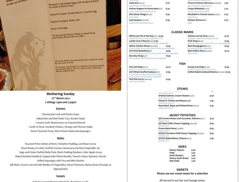 White Lion Hotel Menu