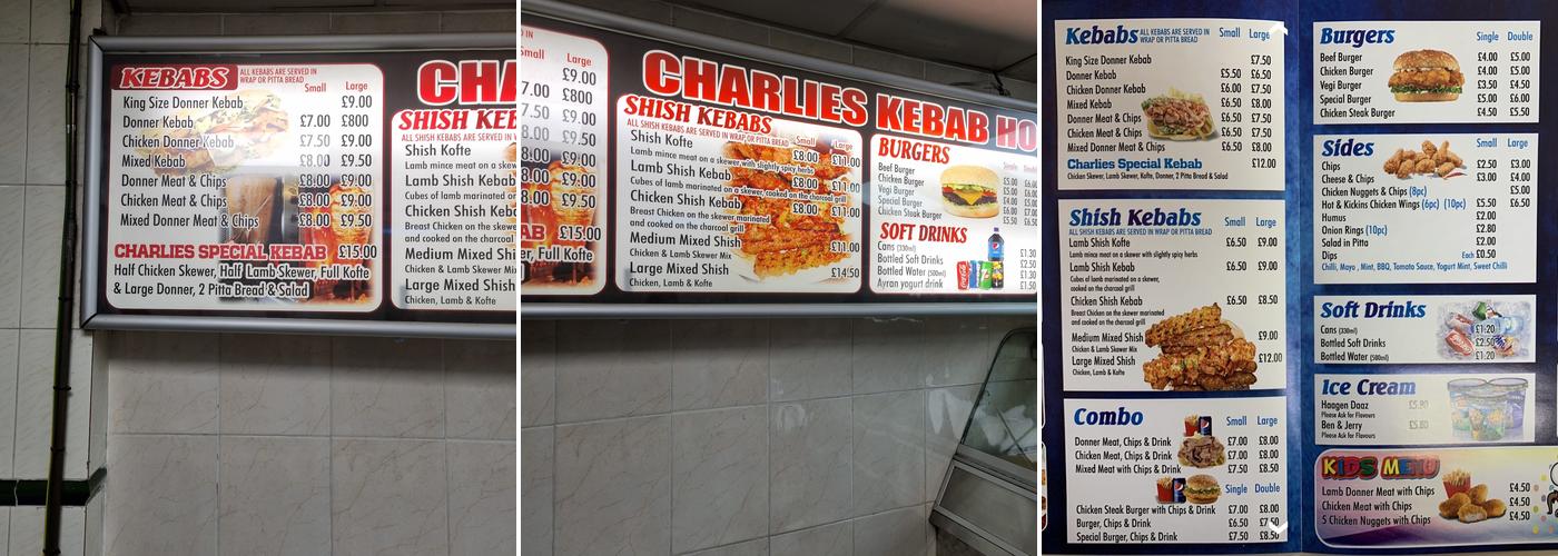 Charlie's Kebab House Menu