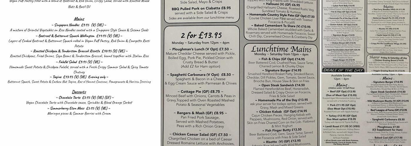 The White Hart at Hartlebury Menu