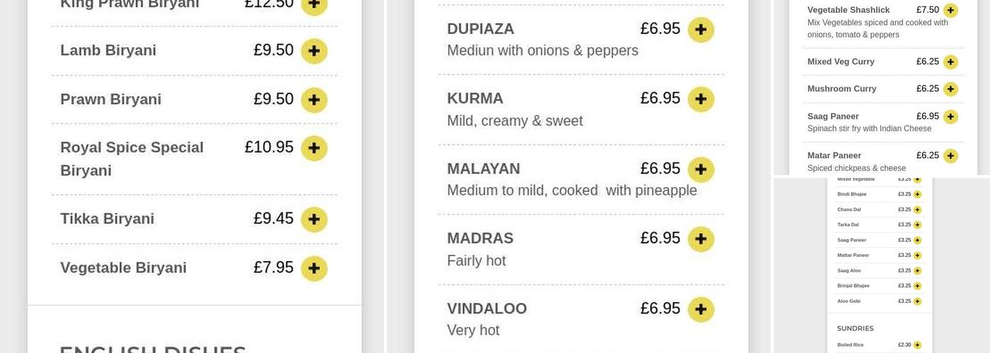 Royal Spice Hartlebury Menu